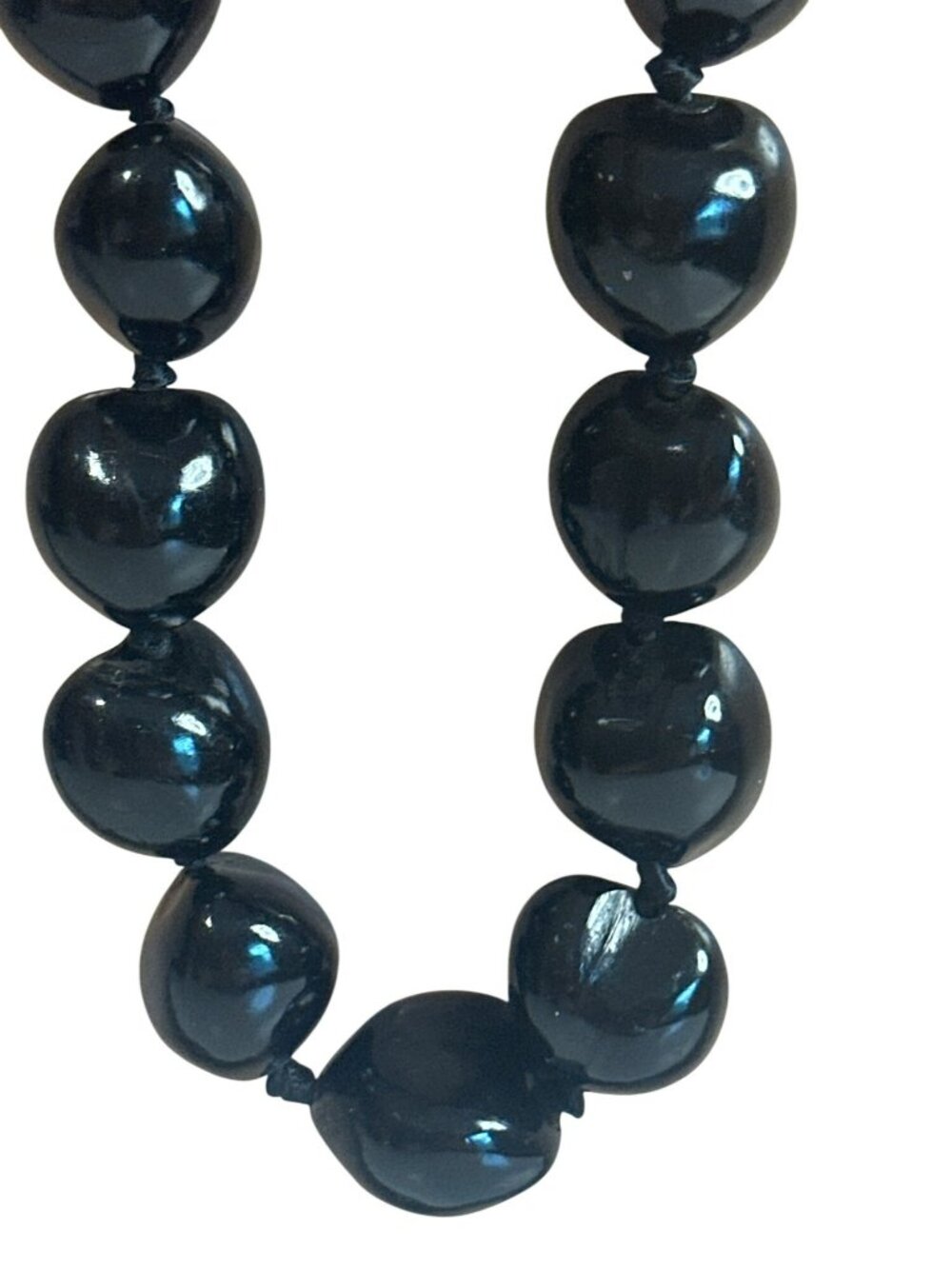 Kukui Nut Beaded Necklace Hawaiian Lei Glossy Finish & Adjustable Ribbon Tie